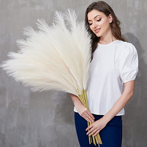 QUBITFUL Erba finta della pampa, 9 pezzi, 9 pezzi, 9 pezzi, alta 9 m, soffici e soffici, grandi rami di erba pomposa artificiale per riempire vasi da pavimento, decorazione per matrimoni (avorio)