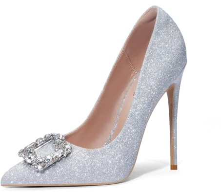 GENSHUO Zapatos de Tacón Alto de Satén con Diamantes de Imitación para Bodas y Fiestas - Tacón de 12 cm, Brillo Plateado, 37 EU