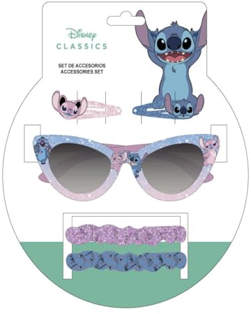 Set de beauté pour enfants Stitch - Bleu et rose - Set complet - comprend des lunettes de soleil, 2 épingles à cheveux et 2 pinces à cheveux - Produit Original Fabriqué en Espagne