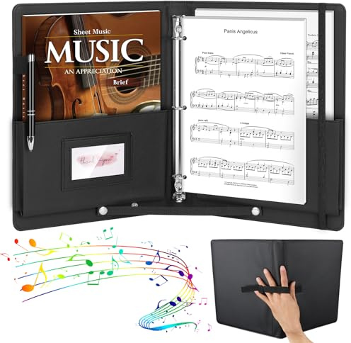 YOTINO Sheet Music Folder, 3 Ring Choral Muisc Folder,13x10.2 PU Leather Music Binder Black with Elastic Band and Handle Fits Letter Size 8.5 x 11 inch