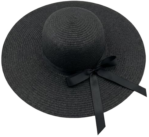 TOPWEL Womens Straw Hat Wide Brim Large Floppy Foldable Roll-Up Beach Sun Hat Packable Cap Summer Hat Beachwear with Adjustable Strap (Black)
