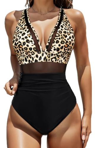 JTSONN Bañador de Una Pieza Mujer Reductores Vientre Plano Traje De Baño De Malla Cuello en V Sexy Bañadores Push Up Acolchado Ropa de Baño Swimsuit