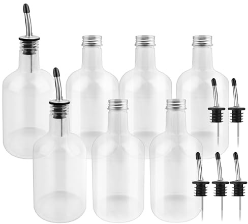 BUWUSMU 7 Sets 16 oz Plastic Long Neck Bottles with Pourer and Caps, Plastic Juice Pour Bottles with Stainless Steel Bottle Pourer Tapered Spout for Liquor Juice Store Syrup Bottles Pourers