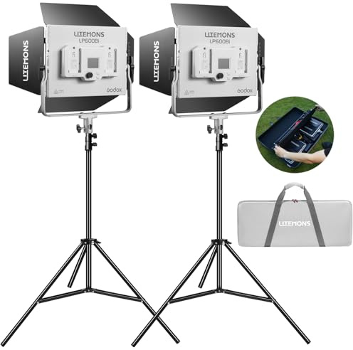 Godox Litemons LP600Bi-K2 LED-ljuspanel med Bi-Color W/APP-kontroll, 2 st, 60 W Studio Fotografi Lighting W/Barndoor, 2 800 K -6 500 K, FX-läge/360° roterbar/CRI 96+ TLCI 96+ inkl