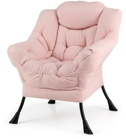 GIANTEX Skandinavisk lässtol, slappna av Sherpa-fåtölj, kudde, armstöd, sidoficka, metallram, för vardagsrum, sovrum (utan fotstöd, rosa)