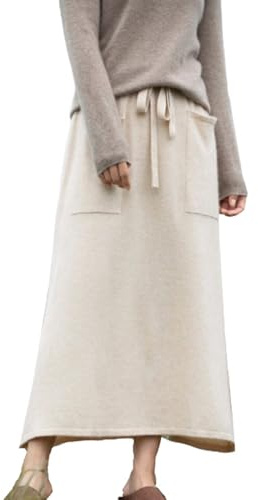 FM2018XSL Gonna Lunga Inverno Donna Elegante Gonna Lana Lunga con Tasche Elastico in Vita Alta Gonna Midi Plissettata (IT, Testo, Taglia Unica, Regular, Regular, Beige)