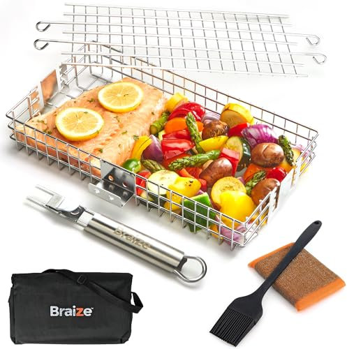 Adjustable Grill Basket with Removable Handle – 4 Height Levels for Vegetables, Meat, Fish & More – BBQ Grilling Basket with Locking Lid, Basting Brush, Scrub Sponge & Storage Bag for Outdoor Cooking