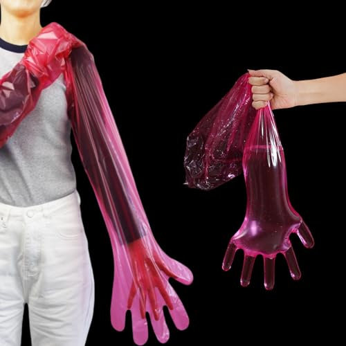 40 Pieces Veterinary Gloves, Disposable Gloves, Extremely Stretchy Soft Plastic Film Gloves, Veterinary Examination, Artificial Insemination Gloves, Household Cleaning, Arm Protection (Red)