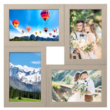HENGBIRD Cornice portafoto in legno, collage fotografico, per più foto, da parete, collage con vetro e parete in vimini, 10 x 15 cm (rovere, 4 foto)