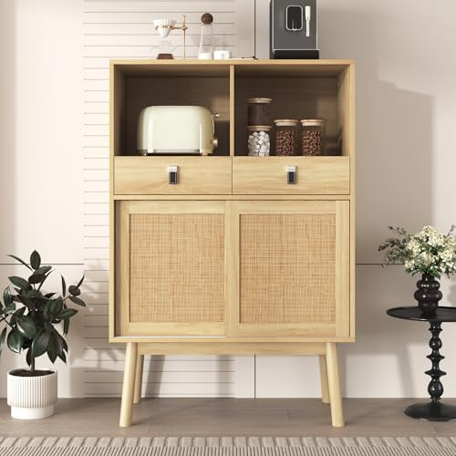 Marooma Mueble de almacenaje de ratán, Armario de ratán, aparador de Cocina con 2 cajones, aparador Multifuncional, Cocina, 80x39,5x120cm