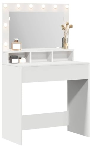 vidaXL Smyckebord med hylla Vit 75,5 x 41 x 135 cm Konstruerat trä, Modern rektangulär förvaringsenhet, sovrumsmöbel, sminkbord, minimalistisk sminkplats med lampor, hållbart konstruerat trä