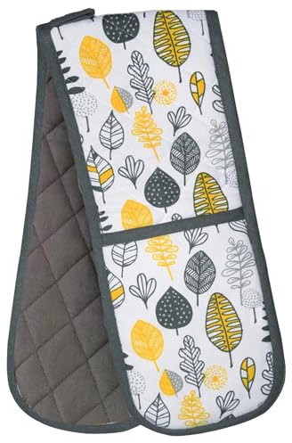 Double Oven Glove – 100% Cotton Quilted Pot Holder – Heat Resistant Baking Mitt (Yellow/Grey Leaf)