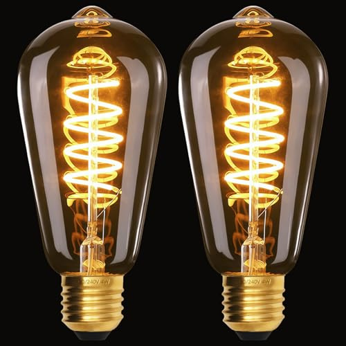 Terafeels 2 Piezas Bombilla LED Vintage Regulables E27 luz Calida, ST64, 4W, 220-240V, 2700K, Cristal ámbar, Filamento en Espiral, Bombillas Decorativas