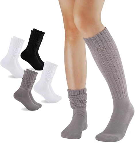 4 Paires Chaussettes Hautes Femme Souple Empilées Chaussette Montantes Femme Chaussettes Longues Hiver pour Bottes Mocassins (2 Blancs+1 Noir+1 Gris)