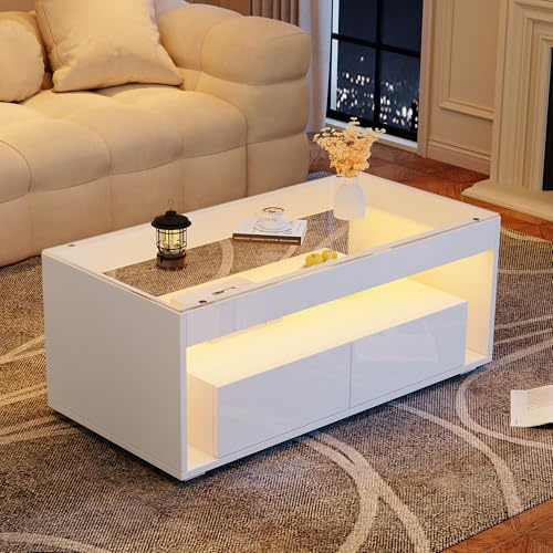 OKMYHOME Table Basse LED avec 2 Tiroirs, Blanche, 100 × 50 cm