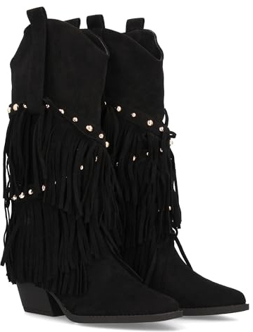 97773 Bota de Estilo Western con Cana Alta Decorada con Flecos en Cascada y Tachuelas metalicas, Punta Fina y Tacon Cubano. Ideal para Mujer en Temporada de Otono Invierno Negro Talla 36
