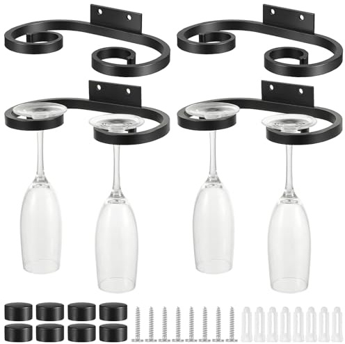 MAQUITA 4 Pcs Wall Mounted Wine Glass Rack Stemware Glasses Holder Metal Black Wire Wine Cup Hanger Holder for Stemware Storage Organizer Bar Kitchen (6.77 Inch)