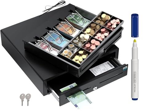 POS VALLEY Tiroir porte argent pour enregistreur de caisse 41 x 41 cm, automatique / manuel RJ11, kit professionnel avec stylo vérification billets, tiroir caisse 4 billets et 8 pièces, noir