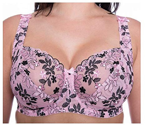 Gem Women's Full Cup Lace Embroidered Plus Size Underwired Bra (Pink-Black, 42G)