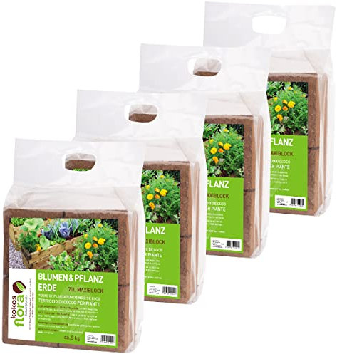 KOKOSFLORA Kokoserde – 280L Maxiblock – Blumenerde- Torffrei - Ideal Für Drinnen Und Draussen. Geeignet Für Kübelpflanzen, Zimmerpflanzen, Balkonkästen Und Gartenbeete (4 x 5 Kg - 280 L Kokoserde)