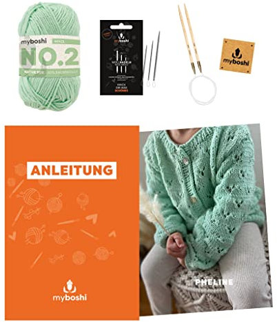 myboshi Strickset Jacke Pheline, inkl No.2 Wolle, Rundstricknadel, Wollnadeln, Anleitung und original Label, 85% Baumwolle, 15% Kapok, Grün, mit Rundstricknadel