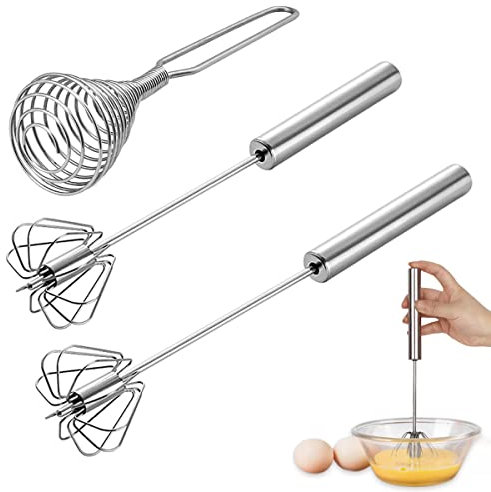 Paotxpum 3 Stück Halbautomatischer Edelstahl Schneebesen, Küchen Schneebesen, Spiralbesen für Mischen, Schlagen, Aufschäumen, Rühren Von Teig, Eiern, Aufschäumen