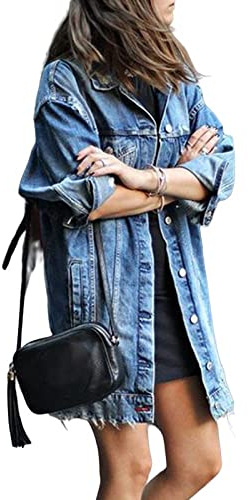 Giubbotto Jeans Donna, Giacca di Jeans da Donna Moda Blu Giacca Abbottonata A Maniche Lunghe Strappata Strappata Vintage Lavaggio Lungo in Denim Sbiadito Cappotto Primaverile Transizione Casual Scio
