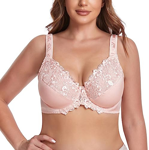 Ayigedu UK Women's Underwire Bra Lace Non Padded Plus Size Full Coverage Minimizer Bras 38-G Pink