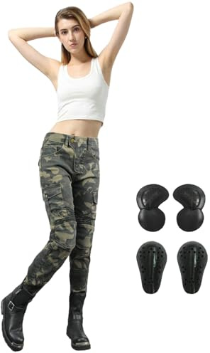 HULG Pantalon de moto pour femme avec protection - Pantalon de moto extensible - Taille XXS-M, Vert camouflage, XS