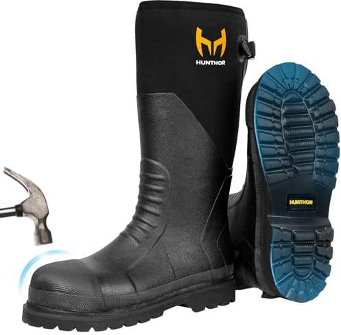 Rubber Work Boots, Puncture-Proof with Steel Toe & Shank, Lightweight Waterproof Anti Slip EVA Outsole Hunting Boots for Men, 6mm Neoprene for Construction, Manufacturing or Farming(Black,Size 10)