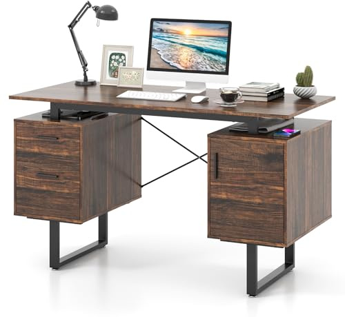 COSTWAY Home Office Computer Desk, 129 x 59 x 76 cm Large Floating Desktop Desk with Dual Drawers and Cabinet, Metal Frame Modern Vanity Table for Living Room & Bedroom (Rustic Brown + Black)