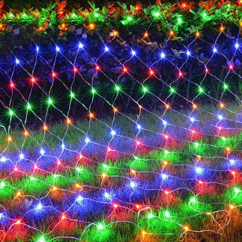 KINGCOO Filet lumineux à 96 LED, étanche, à piles, en maille, rideau lumineux pour jardin, extérieur, intérieur, Noël, mariage, fête, décoration murale (multicolore, 1,5 x 1,5 m)
