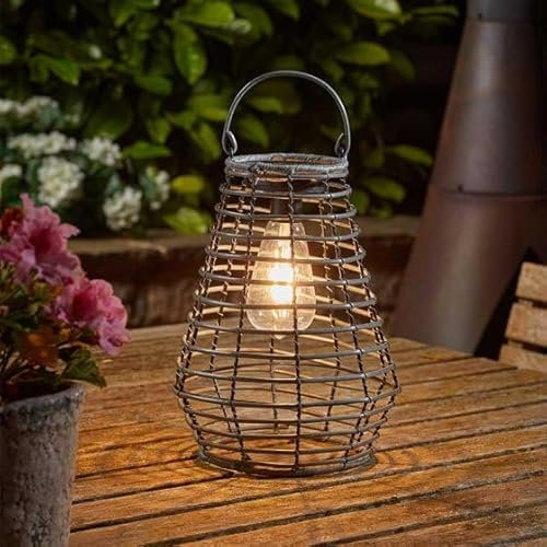 Garden Mile Solar LED Rattan Lantern Outdoor Hanging Light - Grey Solar Powered Table Lamp for Garden Decor, Patio Ambience, Waterproof Decorative Lantern for Patio, Pathway, and Alfresco Dining