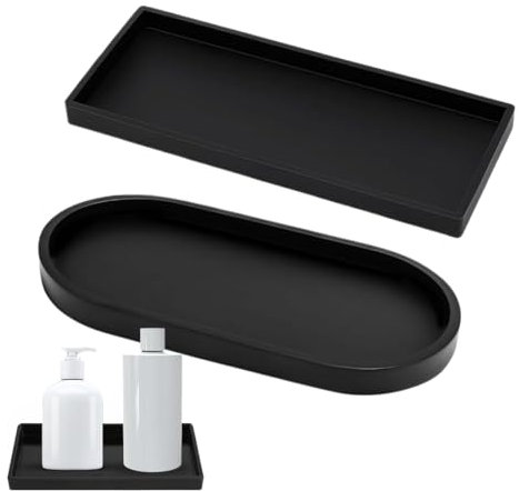 JAWUZ 2 Pezzi Vassoio Da Bagno,Vassoio Portaoggetti Decorativo,Vassoio In Silicone Nero,Bathroom Tray Per Soggiorno,Camera Da Letto,Lavabo,Vasca Da Bagno e Lavello Della Cucina(Ovale-Nero)