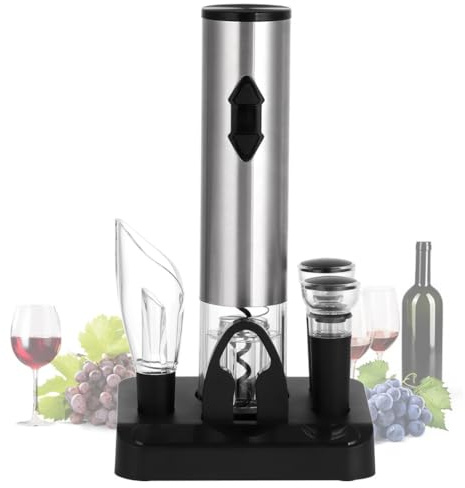 Juego de abridor de vino a pilas con cortador de aluminio, vertedor de vino, tapones al vacío y base de almacenamiento, perfecto para hogares y restaurantes