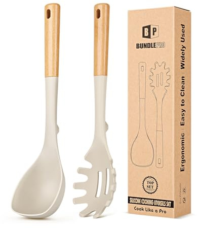 Silicone Soup Ladle and Spaghetti Spoon Set with Wooden Handle, Non Stick Heat Resistant Kitchen Utensils for Cooking, Stirring, Serving Pasta, Soup & Sauce(Khaki)