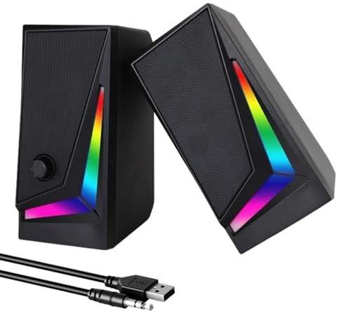 Ouitble Altavoces para Ordenador Altavoces USB Estéreo 2.0 para PC con 7 RGB Dinámicos para Sobremesa, Altavoces Estéreo para PC con Conexión Jack de 3,5 Mm para Portátil y Portátil