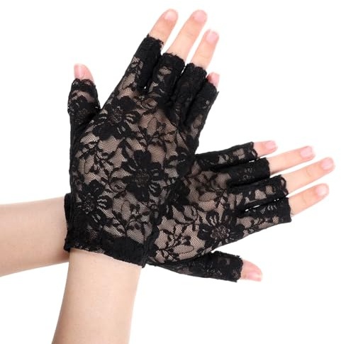 Qulkws Short Black Lace Gloves Fingerless, Women Short Lace Gloves, Sunblock Fingerless Bridal Wrist Glove for Wedding, Tea Party, Cosplay, Costume, Opera Evening Prom