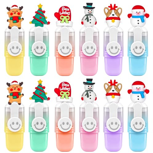 Meanju Set di 12 mini evidenziatori natalizi, dolci evidenziatori con 6 colori pastello, sacchetto richiudibile con gancio, ideale per materiale scolastico, ufficio, appunti e regali