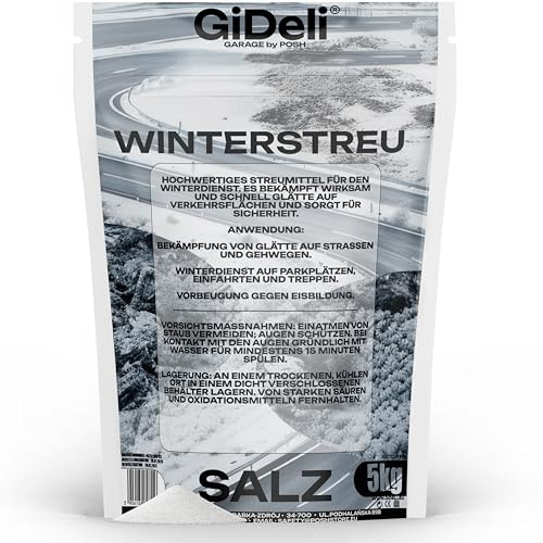 GiDeli Streusalz 5kg - Auftausalz bis gegen Eis & Schnee - Tausalz für Winter - Ur Salz für schnee - Effektiv Winterstreu gegen Glätte - Effektiver Schneeräum