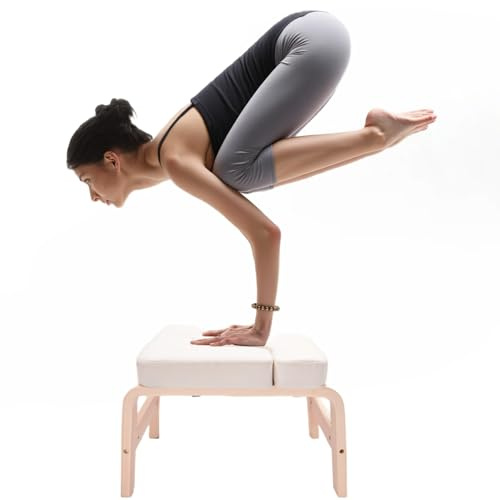 Yoga Headstand Bench 440LBS Load, Solid Wood PU Inversion Chair with Sponge Cushion, Multifunctional Handstand Trainer with Detachable Yoga Block for Home Gym Yoga Room, Easy Assemble & Clean White
