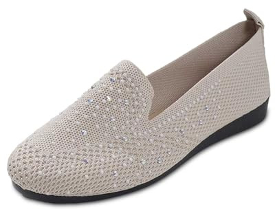 Ballerina Women's Sporty Ballet Flats Flat Shoes Round Toe Slip On Flat Knitted Dress Shoes Summer Non-Slip Elegant Moccasins Knitted Trainers Comfortable Straps Airy Summer Shoes, beige, 4 UK