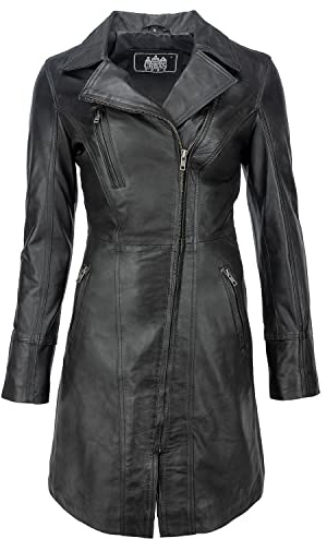 URBAN 5884 JANICE Ladies | Chaqueta de Cuero Mujer |Elegante Chaqueta de Piel de Cordero Suave para Mujeres | Modelo largo | Negro | 6XL