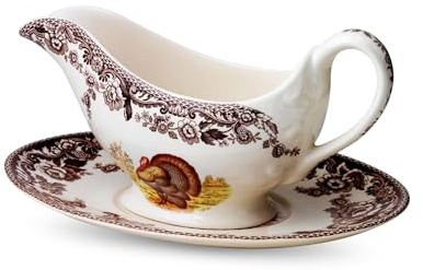 Spode Woodland Turkey Sauce Boat with Stand - 11 oz Fine Porcelain Gravy Server with Holiday Turkey Design, Dishwasher, Microwave & Warm Oven Safe - Classic Thanksgiving Tableware