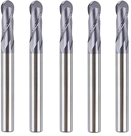 SpeTool 5PCS Ball Nose End Mill Cutter CNC Router Bits Double Flute HRC55 Spiral Milling Tool 1/4 Inch Shank 2-1/2 Inch Length OVL