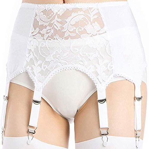 Alacki Porte-jarretelles rétro à panneau de dentelle florale ajouré creux style court 6 bretelles suspendues, blanc, Medium