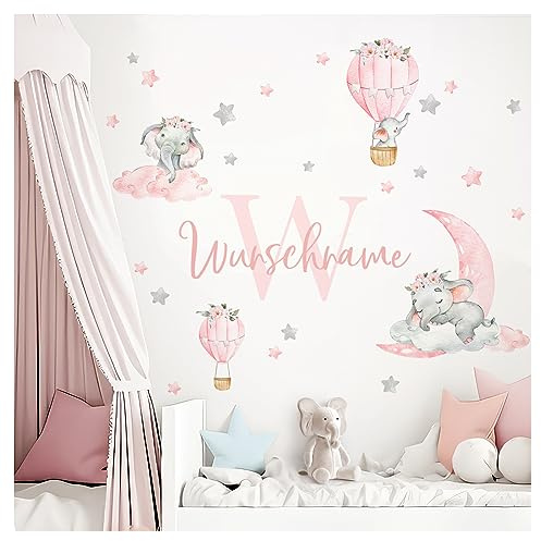 Little Deco Wandtattoo Elefanten & Wunschname I Wandbild 122 x 75 cm (BxH) I Kinderzimmer Babyzimmer Wandaufkleber Mädchenzimmer Ballon Wandsticker Aufkleber DL753