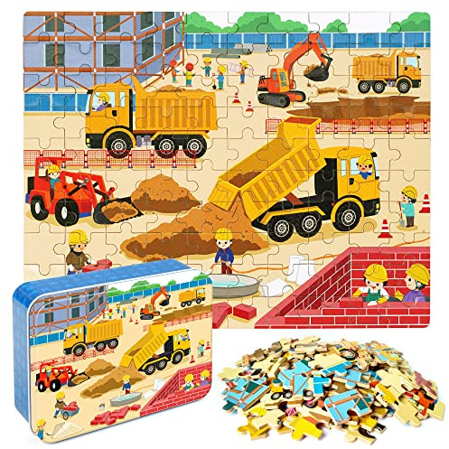 LELEMON 100 Pieces Jigsaw Puzzles in a Metal Box for Kids Age for 4-8 Boys Girls Toy Puzzles Construction Site Vehicles Children Learning Educational Puzzles Toys