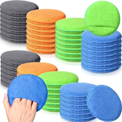 FillTouch 52 Pcs Microfiber Wax Applicator Pad 5 Diameter Soft Wax Pads for Car with Finger Pocket Cleaning Microfiber Polishing Care Foam Sponge for Cars, Truck, Boat, Motorcycle, RV, 4 Colors