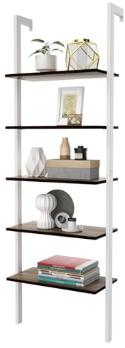 HOMASIS Scaffale a Scala con 5 Livelli, Librerie da Parete con Struttura in Metallo, Mensola da Muro Autoportante per Ufficio, Soggiorno, Cucina, Bagno, 61 x 30 x 183 cm (Bianco)